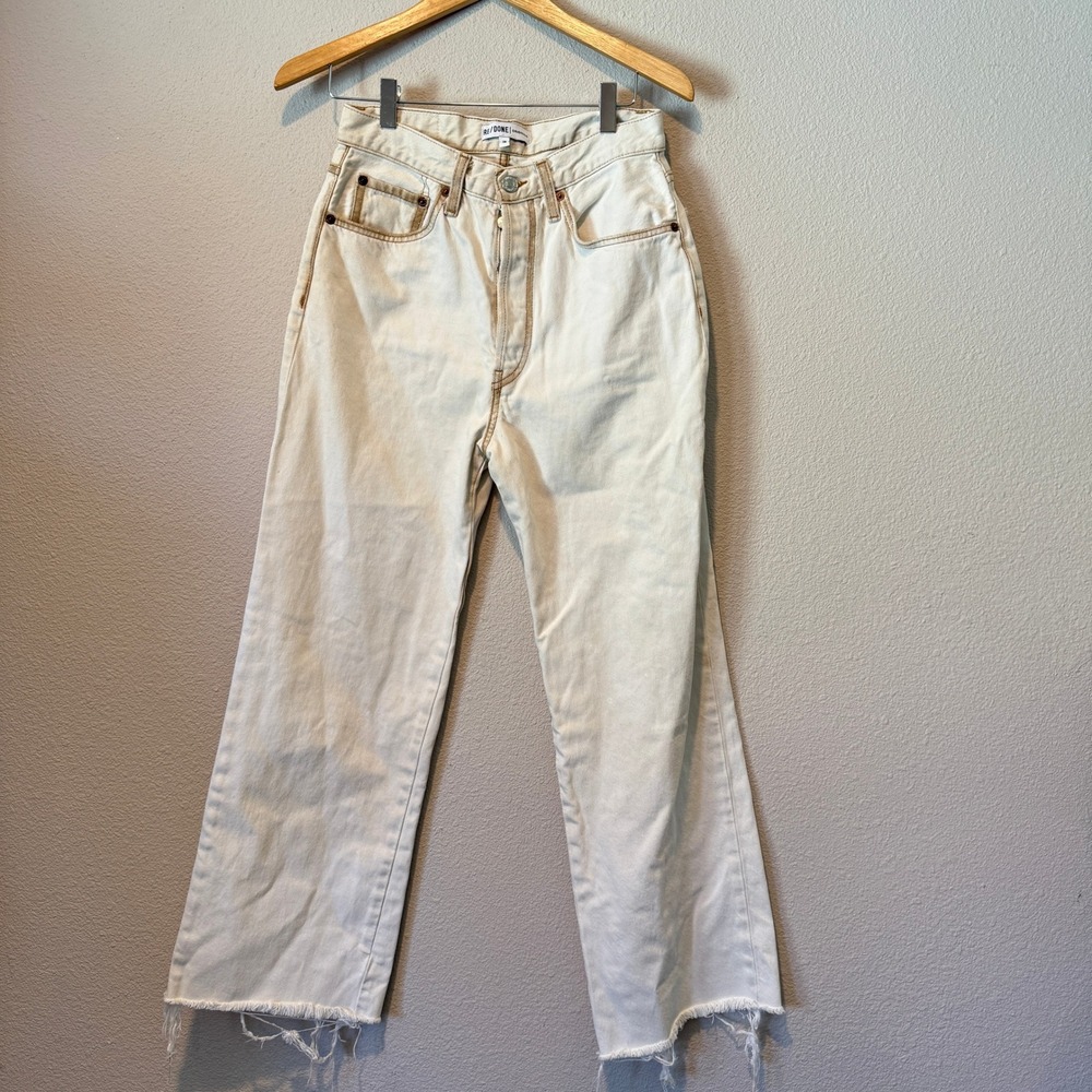 RE/DONE Originals Women Cream High Rise Wide Leg Raw Hem Jeans Size 28